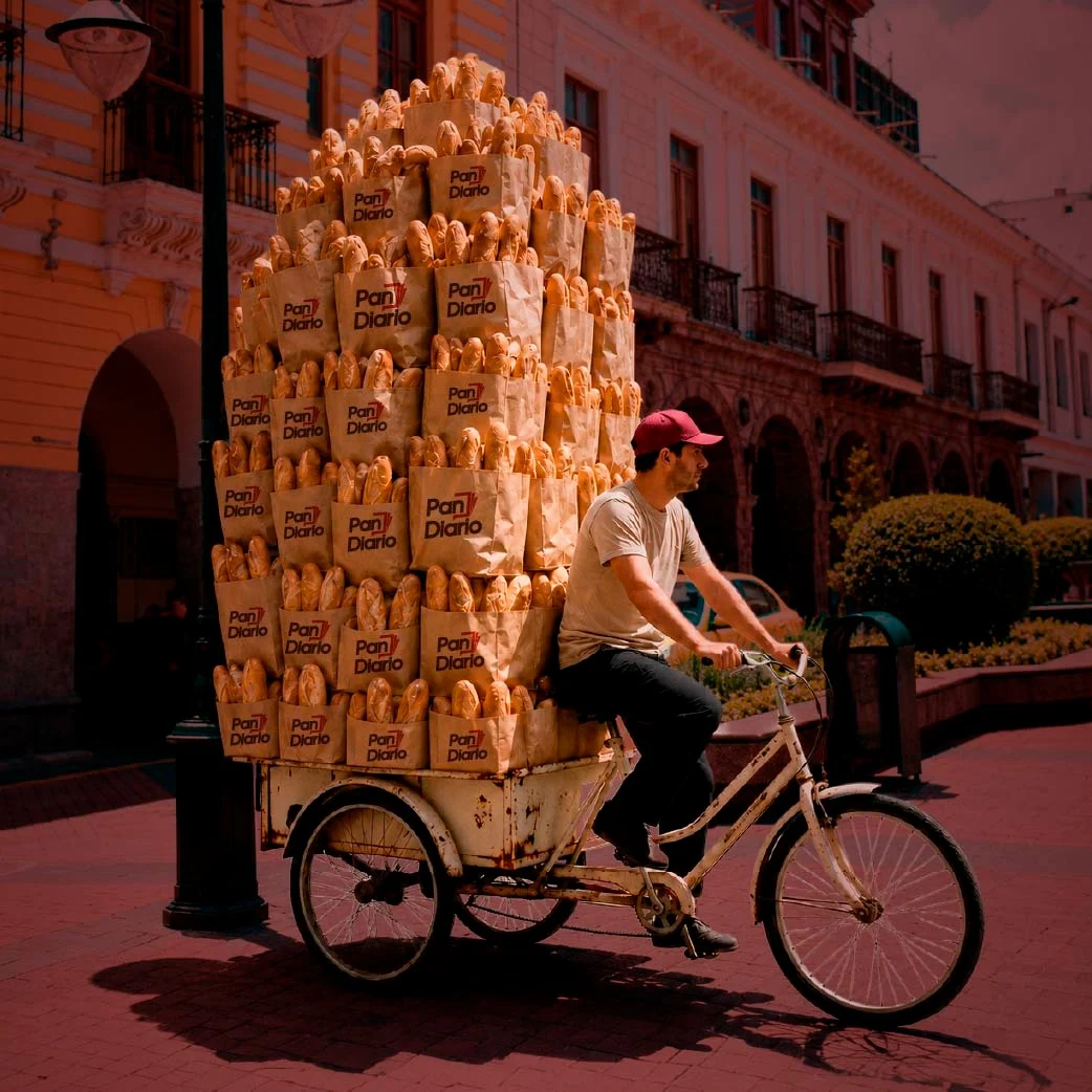 Familia desayunando con la bolsa de Pan Diario en la mesa